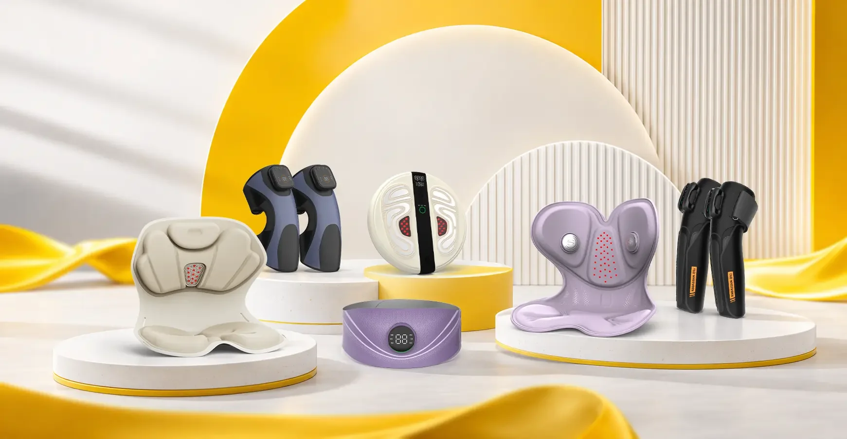 Tohachi massage devices on yellow and ivory display platforms